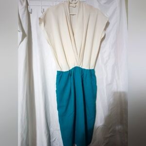 Vintage Women's  Cream and Teal Dress